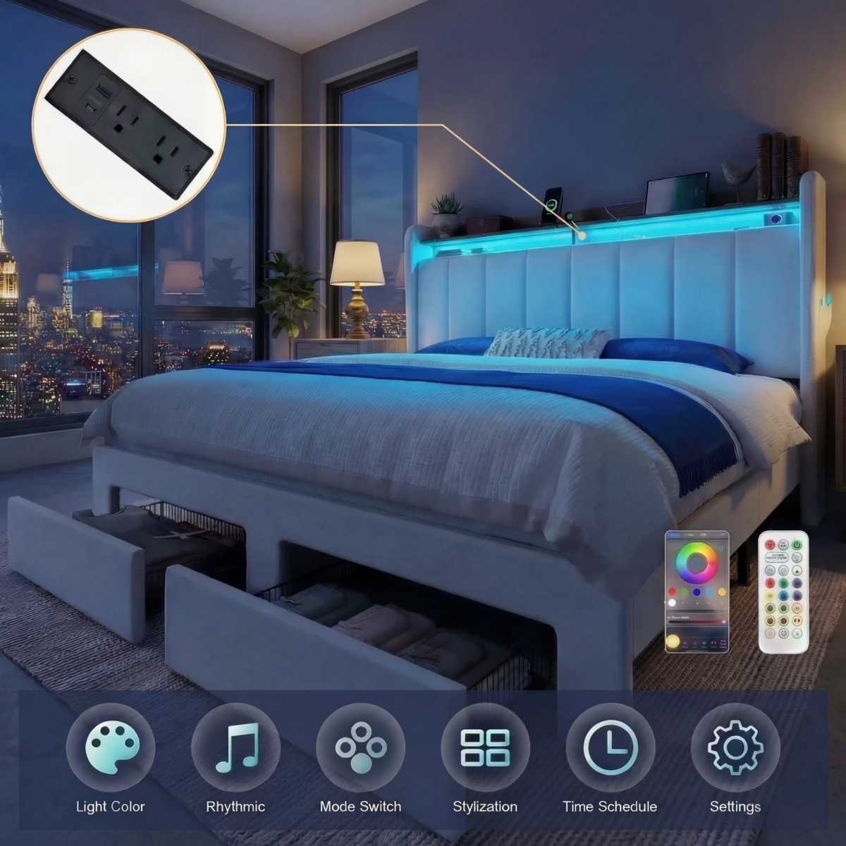 Luxury Platform Bed Frame with Storage Shelves and USB Charging Ports - Image 2
