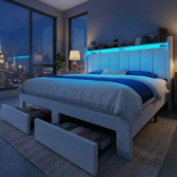 Luxury Platform Bed Frame with Storage Shelves and USB Charging Ports