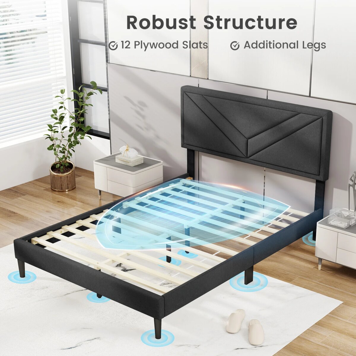 Modern Platform Bed Frame with Wooden Slats and Soft Padded Headboard - Image 4