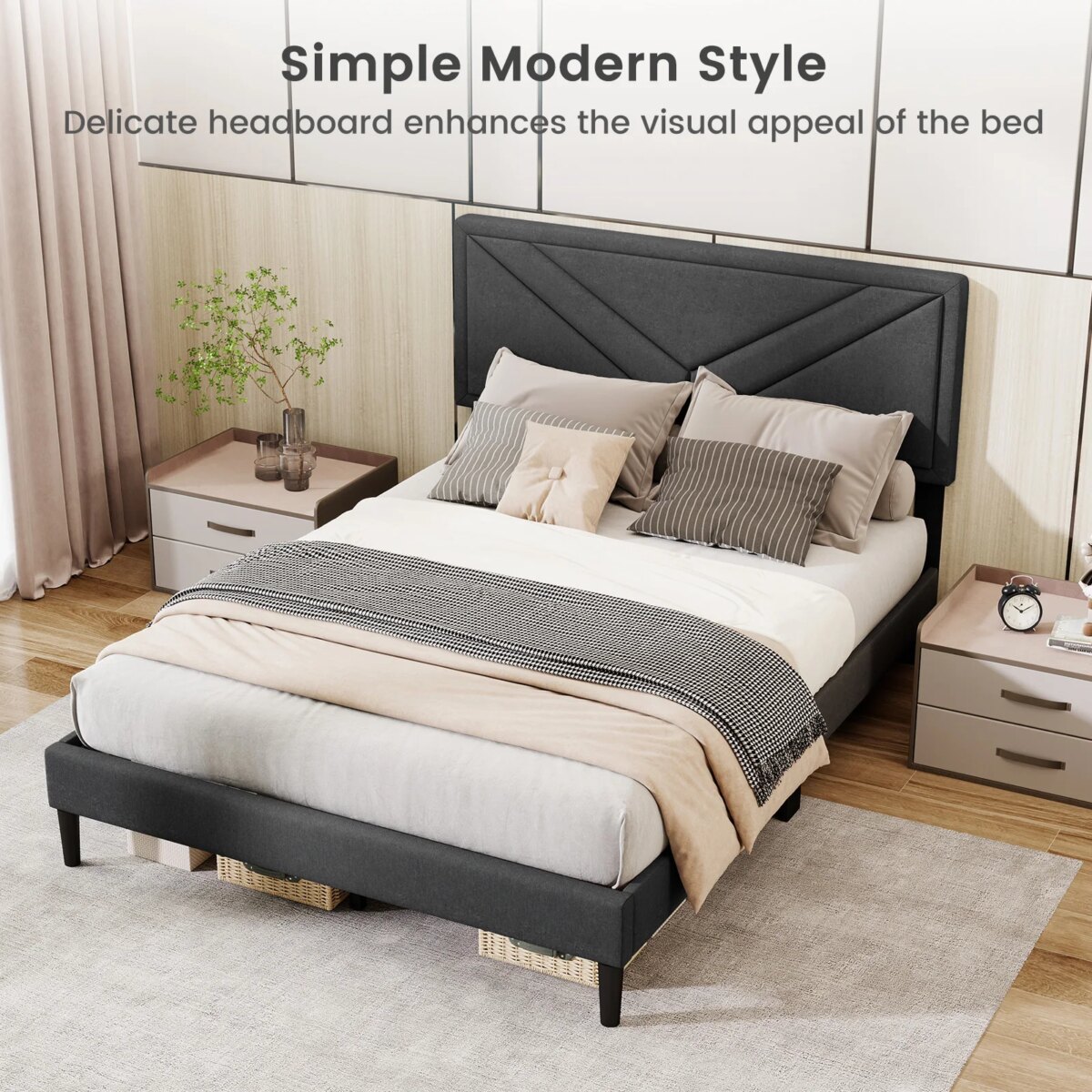 Modern Platform Bed Frame with Wooden Slats and Soft Padded Headboard - Image 3