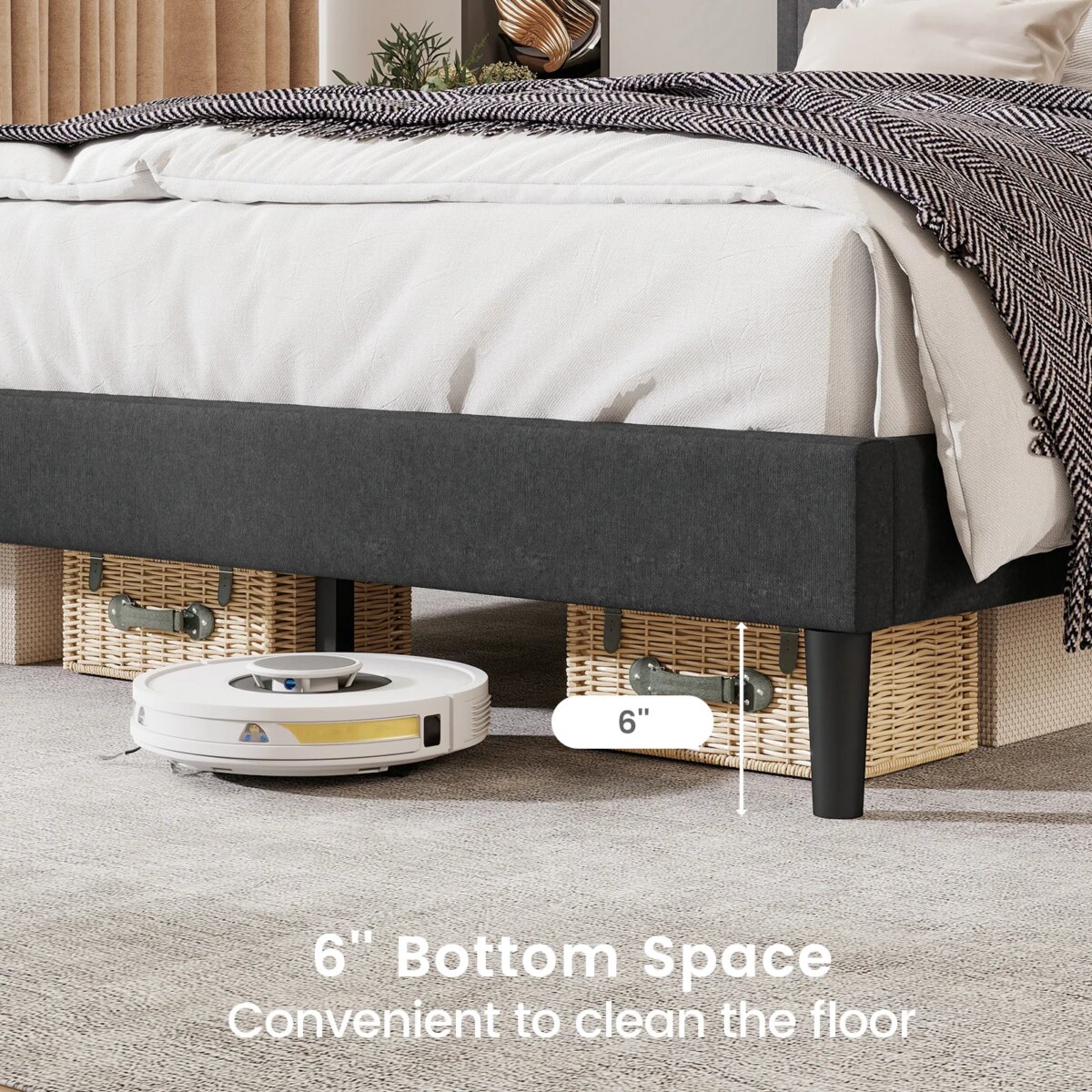 Modern Platform Bed Frame with Wooden Slats and Soft Padded Headboard - Image 2